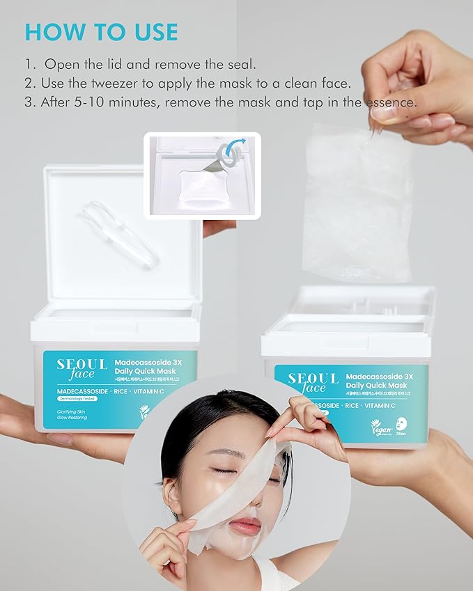 DERMAL Seoul Face Madecassoside 3X Daily Quick Mask 36 Sheet β Korean Skincare Vegan Tencel Facial Masks - Improving Dark Spots, Soften Skin Mask Sheets with Rice, Vitamin C, Panthenol