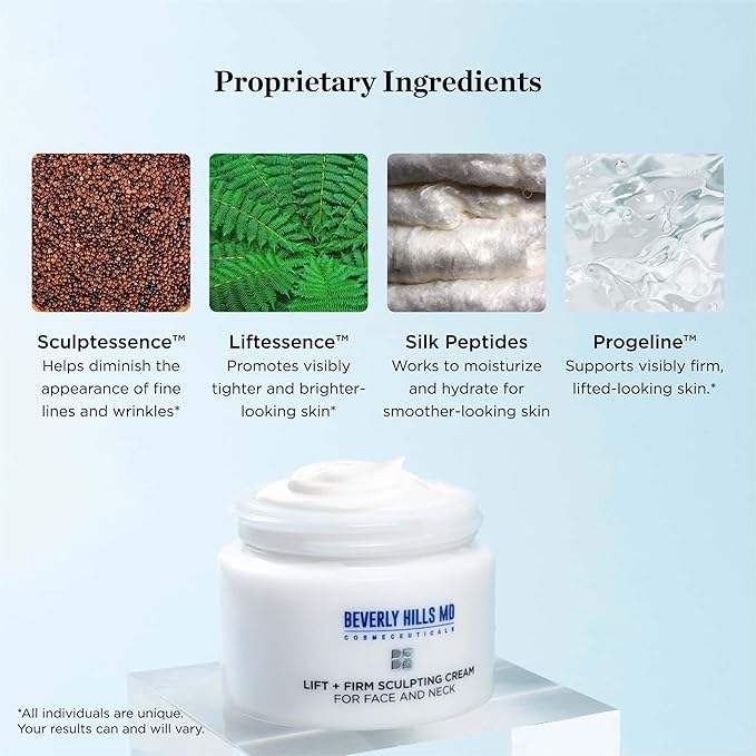 Beverly Hills MD Lift & Firm Sculpting Cream- Tighten & Tone Skin, Anti-Aging Lotion for Smooth, Moisturized Complexion- Lift and Smooth Face, Neck, DΓ©colletΓ© w/Silk Peptides, + Aloe Vera, Vitamin E