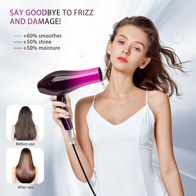 Ionic Hair Dryer,2400W Negative Ion Low Noise Hair Dryer Professional Fast Drying Hair Dryer with 2 Speeds, 3 Heat Settings, Cooling Button,with Diffuser for Curly and Straight Hair(Crimson Fade)