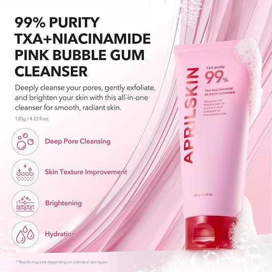 APRILSKIN TXA Niacinamide 99 Pore Care Pink Bubble Gum Deep Cleanser | 99% High-Purity TXA+Niacinamide | All-in-One Cleanser: Deep Cleansing, Blackhead Care, Pore Care, Moisturizing | 4.23 fl.oz.