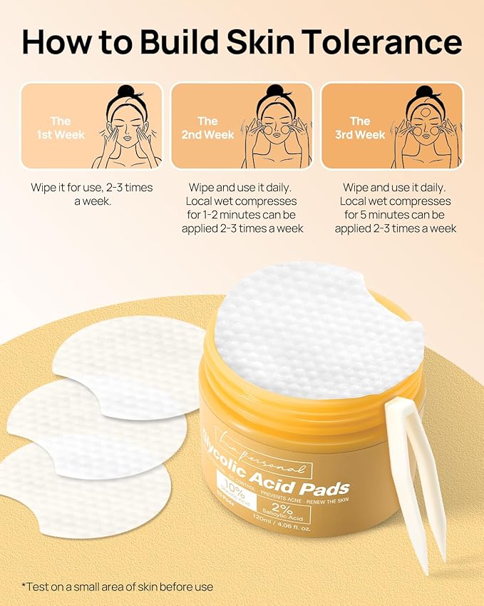 Glycolic Acid Pads, 10% AHA & 2% BHA, Exfoliating Peel Pads for Face Body, Dual Action Gentle Face Pad for Deep Cleaning Unclog Pores Daily Skin Renewal for All Skin Types with Vitamin B3&B5 60 Count