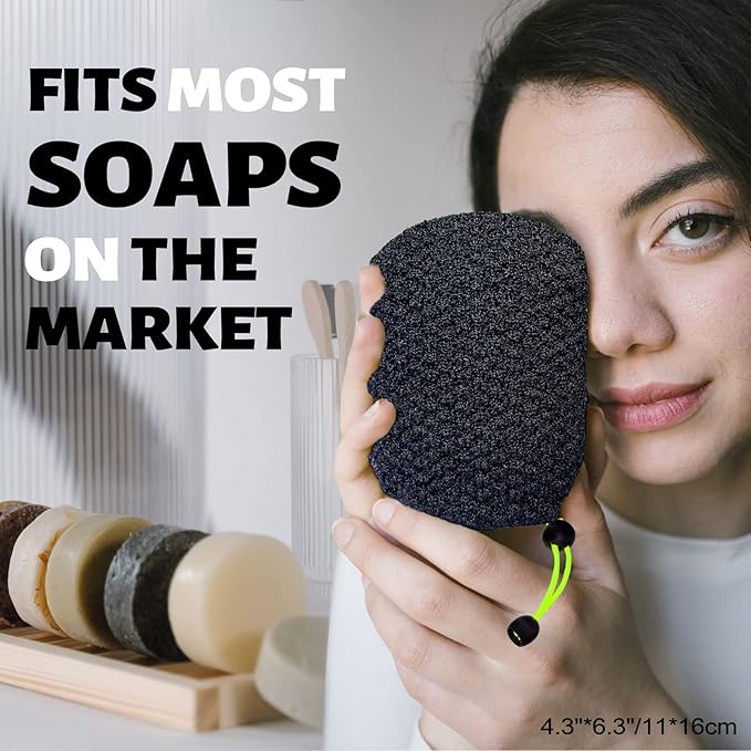 MIG4U Exfoliating Soap Bag for Shower 2 Pieces - Bar Soap Saver Pouch, Bamboo Body Scrubber Exfoliator Pocket in Travel Bathing, Black