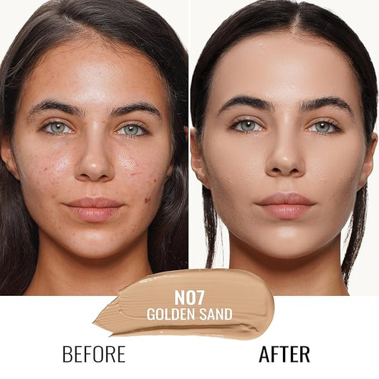 Oulac Foundation Make Up - Skincare Infused With Aloe Leaf and Vitamin E, Medium to High Coverage Liquid, Vegan 30ml, Shade: Golden Sand 07
