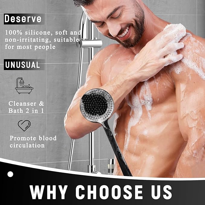 VWMYQ Silicone Back Scrubber for Shower, Bath Body Brush with Long Handle, Double Sided Shower Brush for Shower Exfoliating and Massage Can Produce Rich Foam, Long Handle Back Scrubber for Men