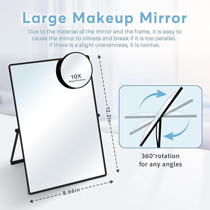 Desk Mirror, Tabletop Vanity Mirror, 360°Adjustable Rotation Vintage Metal Framed Table Mirror with Stand and 10X Magnifying, Room for Living Room, Bedroom, Tabletop, Bathroom (Black Rectangle)
