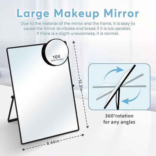 Desk Mirror, Tabletop Vanity Mirror, 360Β°Adjustable Rotation Vintage Metal Framed Table Mirror with Stand and 10X Magnifying, Room for Living Room, Bedroom, Tabletop, Bathroom (Black Rectangle)