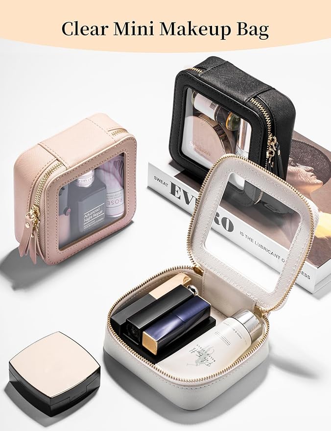 Mini Makeup Bag for Purse - Clear Travel Leather Toiletry Bag with Zipper - Car Organizer Bag - Small Waterproof Cosmetic Organizer Case for On-the-Go EssentialsοΌPink PurpleοΌ