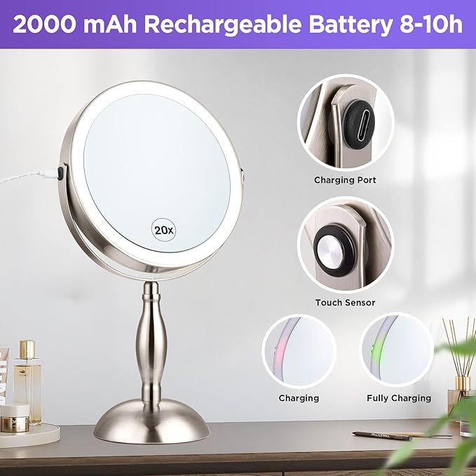 20x Magnifying Mirror with Light, Lighted Makeup Mirror with 3 Color Modes and Adjustable Brightness, Side Charging Port & SideTouch Sensor, 360Β° Rotation Double Sided Standing Mirror-Brushed Nickel