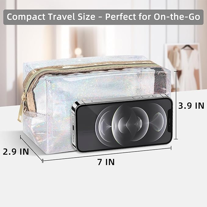 Clear Colorful Makeup Bag, Thick PVC Small Clear Toiletry Bag for Travel, Waterproof Cosmetic Bag with Durable Zipper & Detachable Strap, Cute Transparent Pouch Organizer for Women, 7.1×4×3 Inch Gray