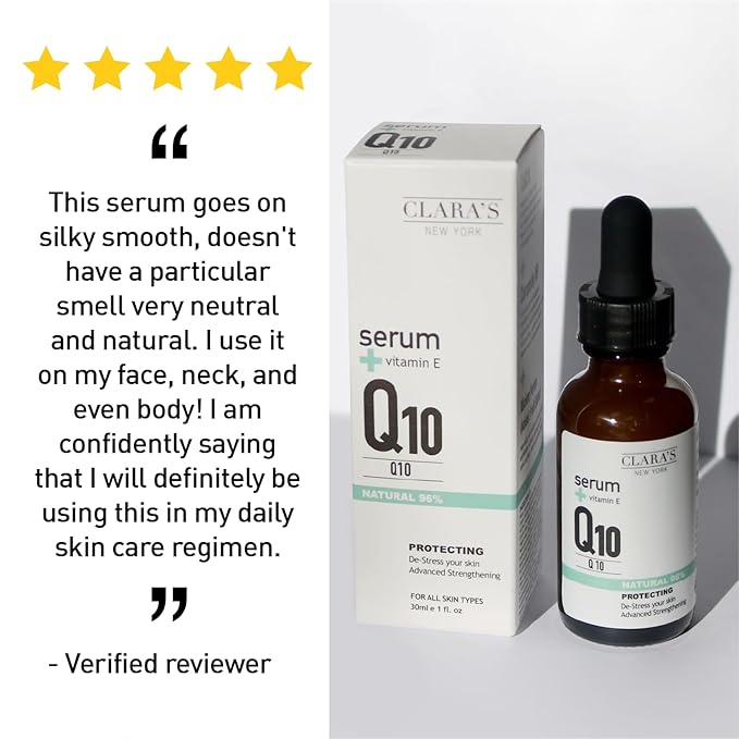 Claraβs New York Q10 Antioxidant Facial Serum with Hydrolyzed Collagen, Ceramide NP & Vitamin E β Anti-Aging, Hydrating, Skin Barrier Repair β 30ml / 1 Fl Oz β Made in USA