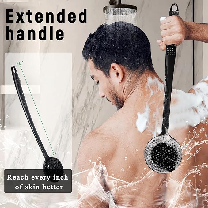 VWMYQ Silicone Back Scrubber for Shower, Bath Body Brush with Long Handle, Double Sided Shower Brush for Shower Exfoliating and Massage Can Produce Rich Foam, Long Handle Back Scrubber for Men