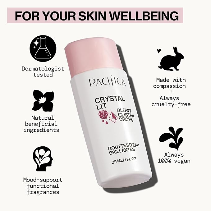Pacifica Crystal Lit Glowy Glisten Drops β Face Makeup - Shimmery Multi-Use Liquid Blush/Highlighter for Radiant, Dewy Cheeks Luminous Glow Clean Beauty Vegan & Cruelty-Free Dermatologist Tested
