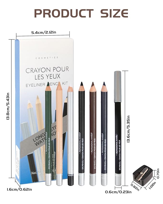 6 Colors Eyeliner Gel Pencil Set, Waterproof Smudge proof Long Lasting Rich Color, Nude Black Brown White Blue Green Eye Liner Pencil Waterline, Multi-Use Cream Eyeliner Brightener Pen with Sharpener