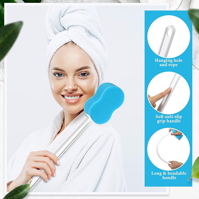3 Pcs Long Handle Bath Sponge 22.4'' Back Sponge on a Stick Lightweight Back Washer Handled Butt Scrubber Shower Brush for Foot Body Cleaning Bathing Limited Motion (Blue)