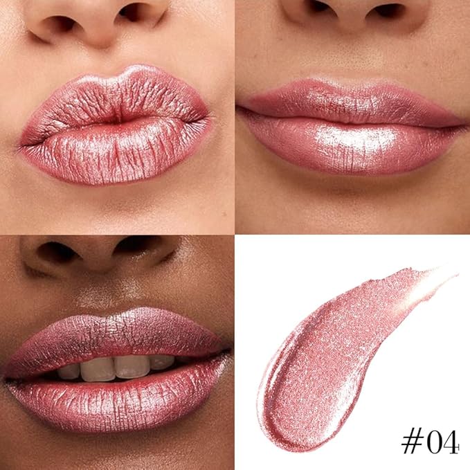 Rose Gold Metallic Shimmer Lip Liner and Lipstick Combo Lip Gloss Stain Set Makeup for Women Long Lasting Waterproof 24, Nude Pink Frosted Metallic Glitter Matte iridescent Liquid Lipstick lippies