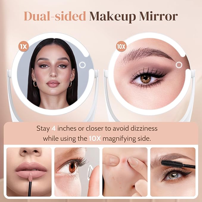 Vanity Magnifying Mirror with Light: 10x Magnifying Mirror with Adjustable 3 Color Brightness - Rechargeable Double Sided Makeup Mirror with 360Β° Rotation,Perfect Travel Table Mirror