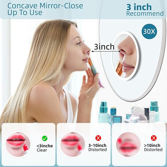 30X Magnifying Mirror with Lights, 30x Magnified Mirror with 3 Color Lights Adjustable Brightness, Rechargeable 6inch Travel Magnification with 3 Suction Cups - Includes Tweezers & Scissors