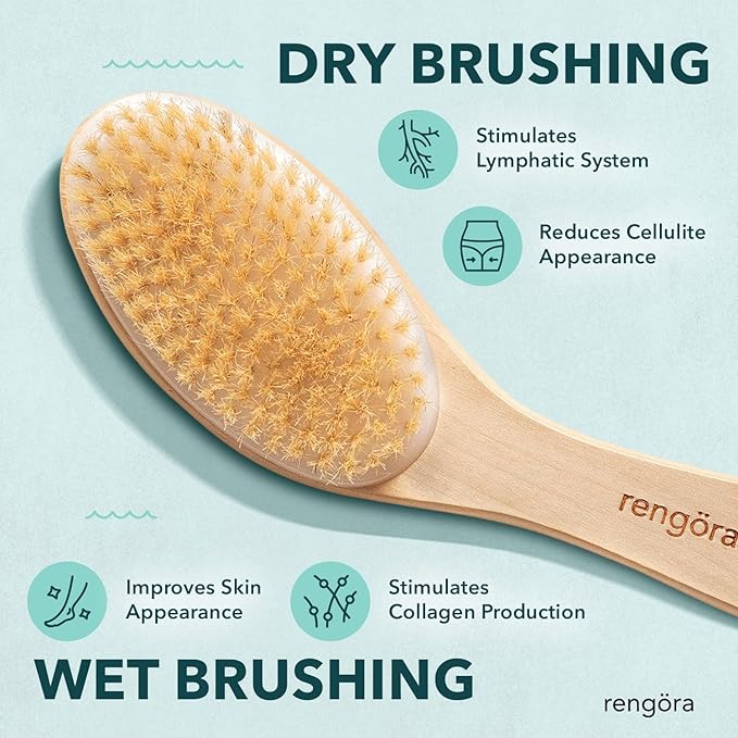 Exfoliating Back Scrubber for Shower, Dual-Use Body Scrubber for Wet/Dry Exfoliation, Dry Brushing Body Brush for Lymphatic Drainage, Natural Boar Bristles, Ergonomic Handle Cellulite Brush Gift Set