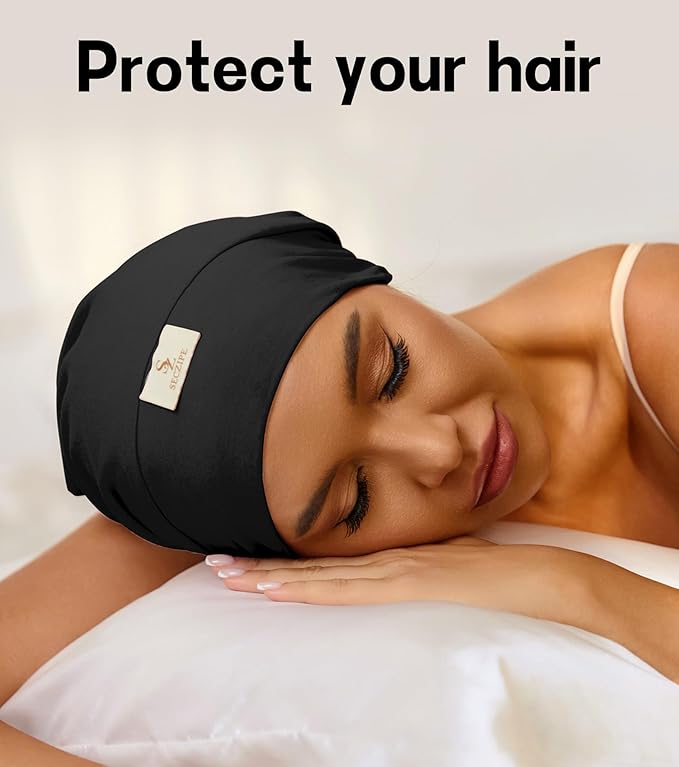 100% Mulberry Silk Bonnet for Sleeping for Curly Hair and Braids, Wrap with Adjustable Strap for Women and Men,Real Silk, Not SatinοΌ1Pc,BlackοΌ