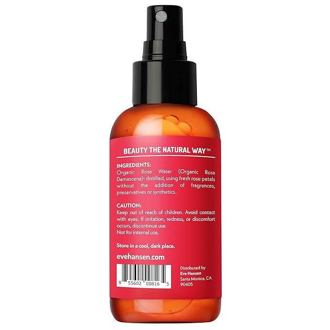 Eve Hansen Organic Rose Water Spray β Pure Rosewater Face & Hair Mist for Hydration & Refreshing Glow | Facial Toner & Makeup Setting Spray | Alcohol-Free & Vegan | 4 oz