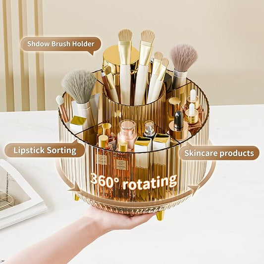 360Β° Rotate Makeup Brush Holder Organizer, Makeup Organizers Countertop, Makeup organization and Skincare Storage for Vanity, Desktop, Bathroom (Clear Amber)