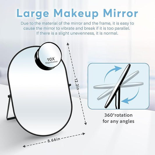 Desk Mirror, Tabletop Vanity Mirror, 360°Adjustable Rotation Vintage Metal Framed Table Mirror with Stand and 10X Magnifying Room for Living Room, Bedroom, Tabletop, Bathroom (Black Oval)