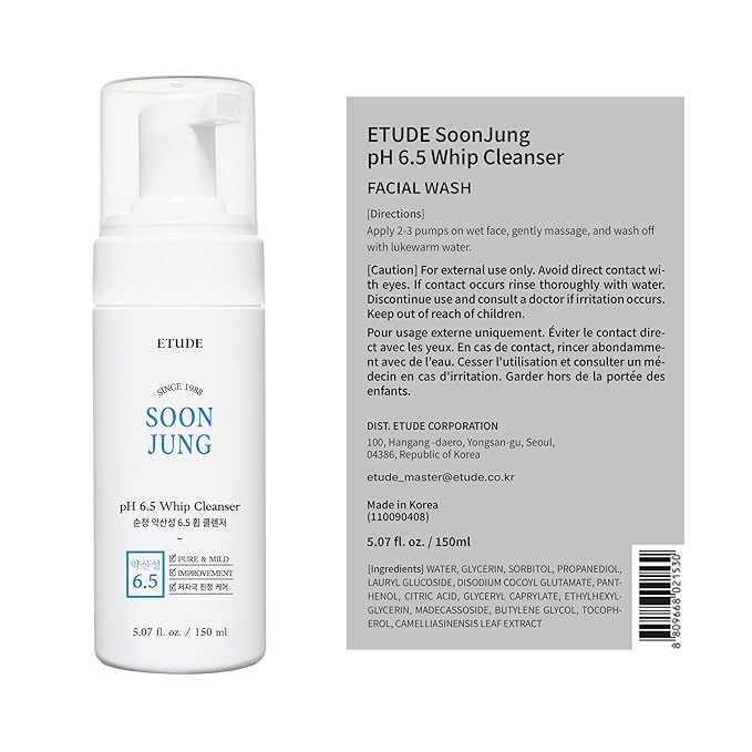 ETUDE SoonJung pH 6.5 Whip Cleanser | Mild Micro Foaming Face Wash for Sensitive Skin, Panthenol, Madecassoside for Soothing, Barrier Repair, Low pH, Vegan Certified, Non-comedogenic, 5.07 Fl Oz