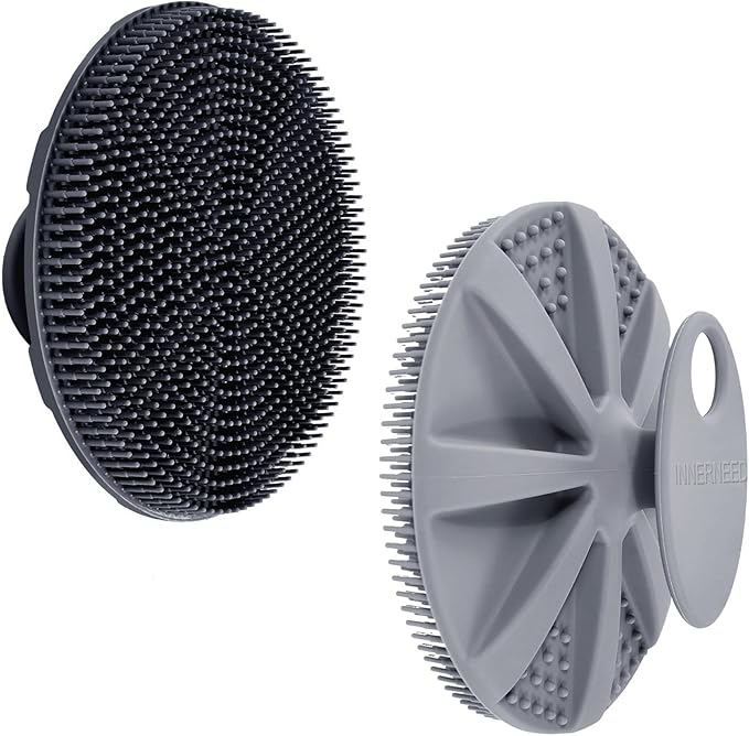 INNERNEED Food-Grade Soft Silicone Body Scrubber Shower Brush Handheld Cleansing Skin Brush, Gentle Exfoliating and Lather Well (Black+Gray)