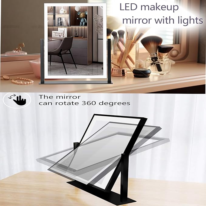 15.75x13 Black LED Vanity Mirror with Lights Desktop Makeup Mirror,3 Color Modes,Dimmable Touch Control, 360Β° Rotation,Lighted Cosmetic Mirror, for Teen Girls