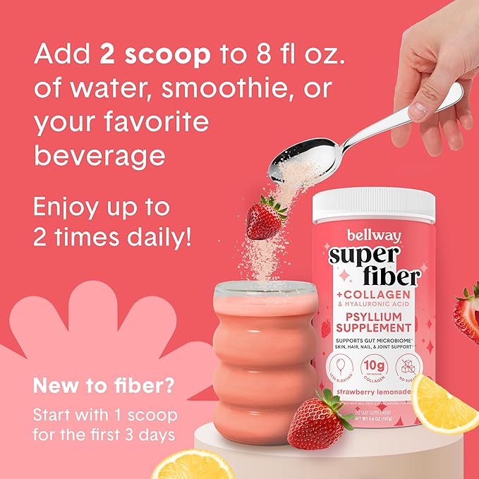 Bellway Super Fiber Powder + Collagen, Sugar-Free Psyllium Husk Powder with Collagen Peptides and Hyaluronic Acid for Gut Health, Healthy Skin, Nails, Bones & Joints, Strawberry Lemonade (11 Servings)