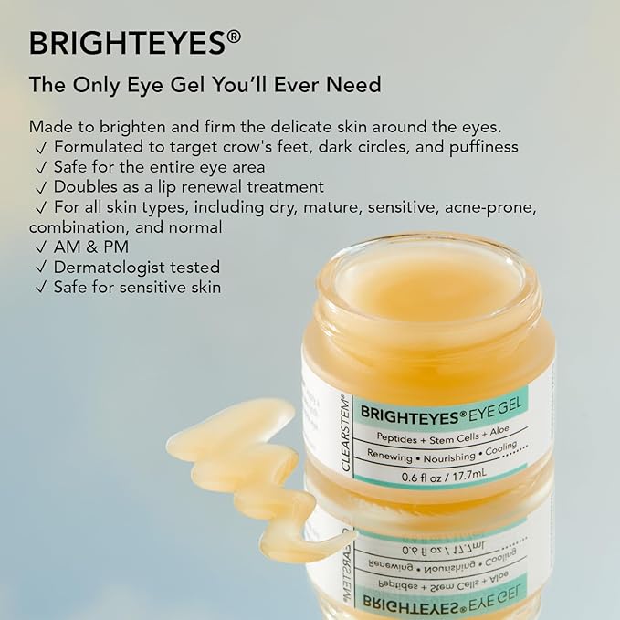 CLEARSTEM - BRIGHTEYES - Eye Gel - Nourishing Eye Cream - Lip Renewal - Cooling Gel - Stem Cells Blend - Peptides, Collagen, Aloe Vera - Vegan, Gluten Free - Beauty, Self Care, Skin Care - 0.6 fl oz
