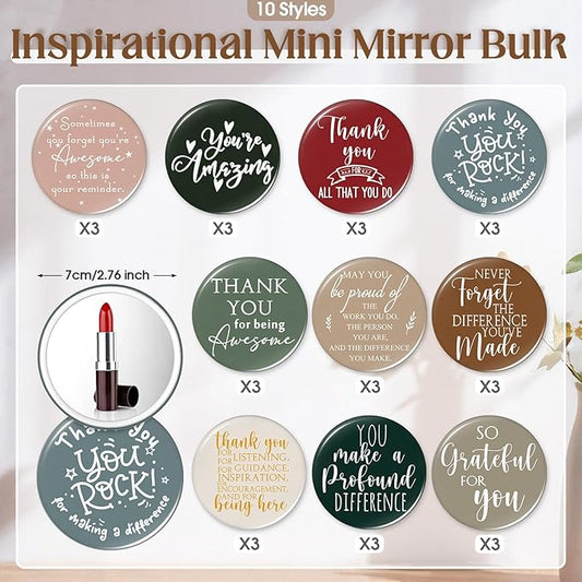 Thyle 30 Pcs Inspirational Compact Mirror Bulk Employee Appreciation 2.76'' Round Portable Pocket Mirror Thank You Gift for Women Empowerment Secretaries Coworker (Retro Color)