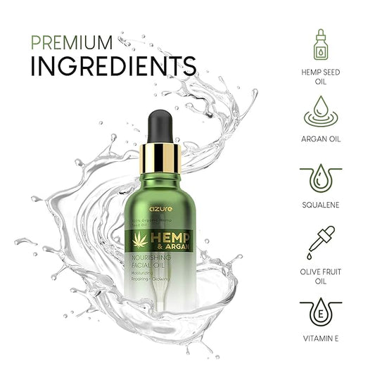 Azure Cosmetics Hemp & Argan Nourishing Korean Facial Oil - Moisturizing | Repairing | Lifts Skin Reducing Appearance Of Wrinkles, Fine Lines & Creases - 50mL / 1.69 fl.oz.