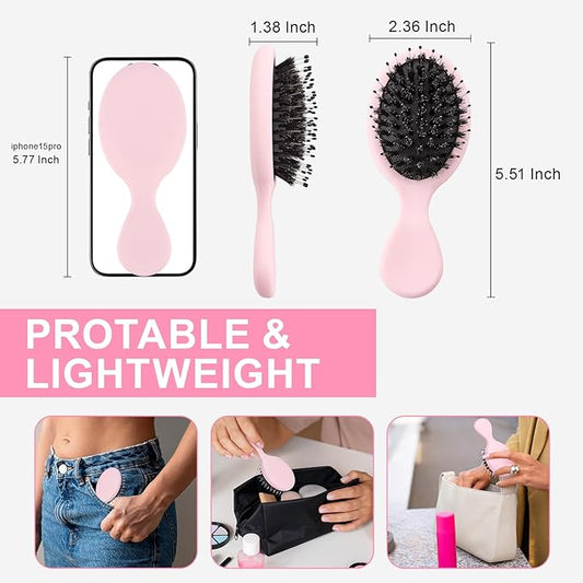 Mini Boar Bristles Hair Bursh, Travel Size Hair Brush for Women Men Kids, Protable Small Hair Brush for Pockets Purses, Mini Detangler Brush for Smooth Add Shine (1 Pack-Pink)