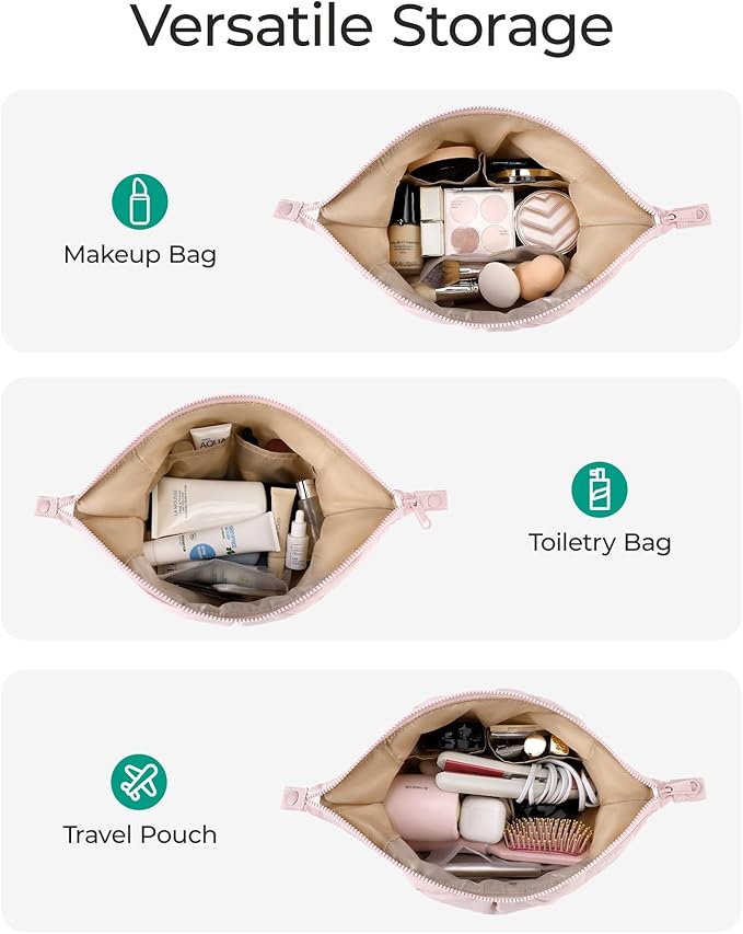 BAGSMART Makeup Bag Travel Toiletry Bag, Cute Make Up Bag, Large Capacity Cosmetic Bags for Women, Wide-open Makeup Pouch Travel Essentials Toiletries Accessories Brushes (Pink)