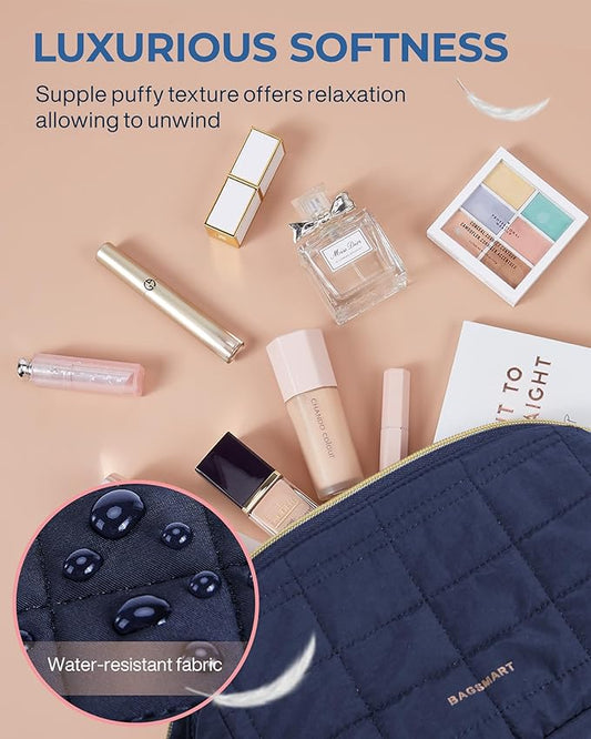 BAGSMART Makeup Bag Travel Toiletry Bag, Puffy Padded Make Up Bags for Women Makeup Organizer Case, Wide-open Pouch Purse Travel Essentials Toiletries Accessories Brushes, Navy Blue