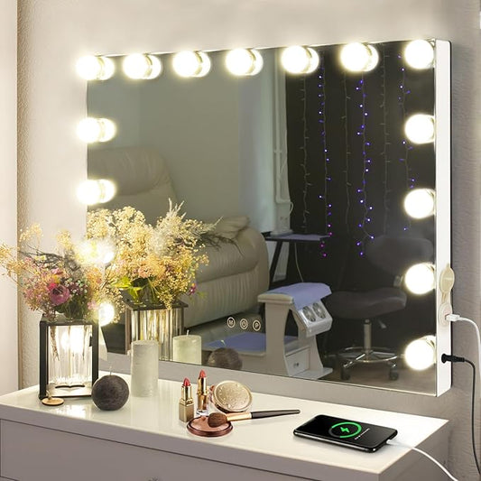 M MIVONDA Vanity Makeup Mirror with Lights: Hollywood Mirror with 15LED Bulbs - Large 23βx19β Desk Mirror for Wall, Dimmable 3 Lighting Modes, Plug-in and USB Charger Port, White