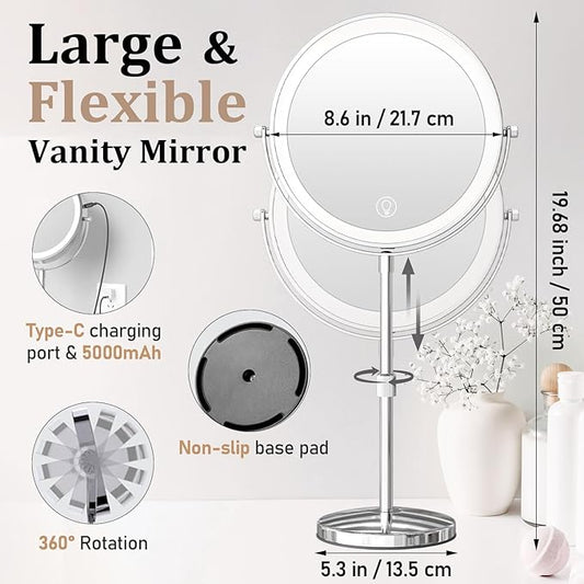 9in Vanity Mirror with Lights, Rechargeable 5000mAh Lighted Makeup Mirror, 1X/20X Double Sided Magnifying Mirror, 360Β° Rotate, 3 Color Lights, Up to 3800lux with 60 LEDs, Brightness Adjustable,Silvery