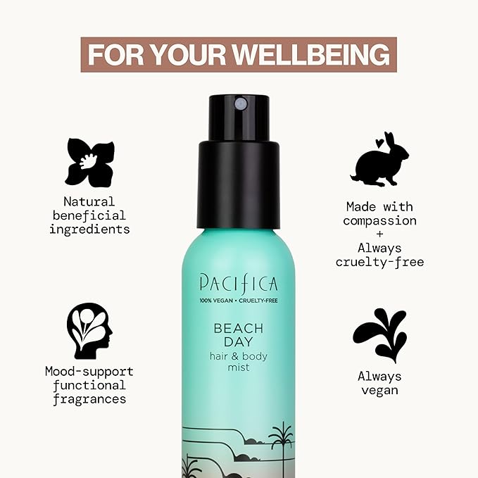 Pacifica Beach Day Hair Mist Perfume & Full Body Spray for Women - Body Mist Fragrance w/Bergamot, Orange Flower, Sandalwood, Amber, Musk & Suede Leather β Clean Beauty Alcohol-Free, Vegan 5 oz