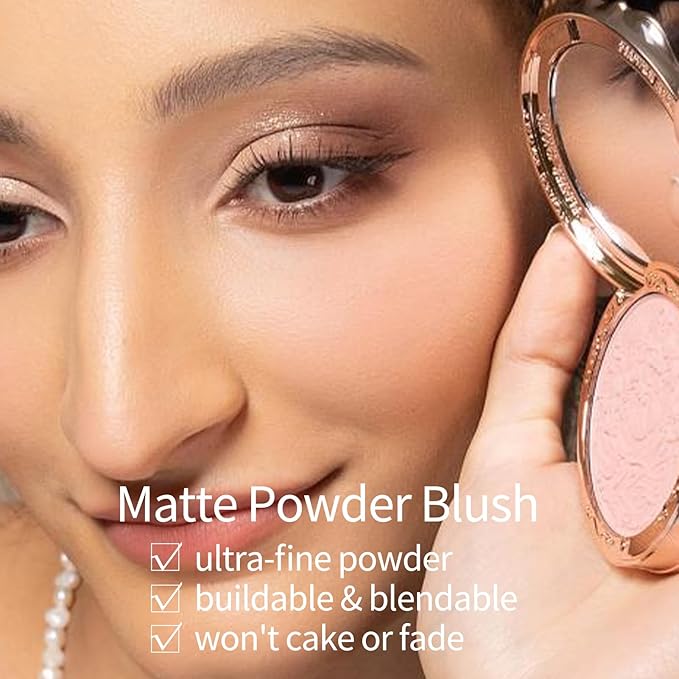 Flower Knows Strawberry Rococo Embossed Blush;Peach Matte Finish;Buildable & Blendable Powder Blush for cheeks,Natural Flush for All Skin Tones(01 Angel Chanson,5g)