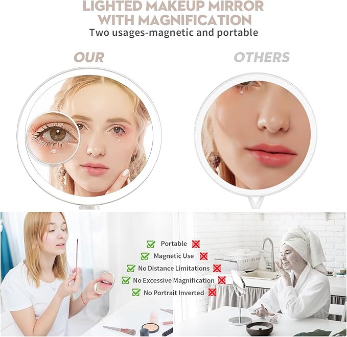 10'Large Lighted Makeup Mirror with 7X Magnification Mirror,3 Colors & 10 Brightness,Magnifying Mirror with Light for Makeup Vanity,5000mAh,Pearl Nickel,Gifts Box (Nickel)