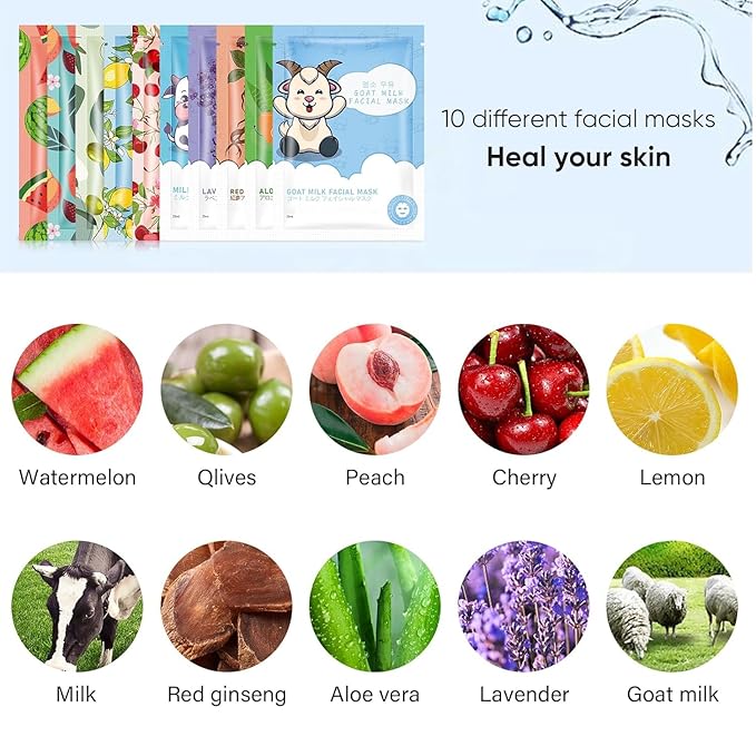 20 Sheets Face Masks Skincare for All Skin Types, Hydrating Facial Masks, Watermelon, Aloe Vera, Peach, Oil Contral Moisture Face sheet Masks for Sensitive Skin, Facial Mask for Women