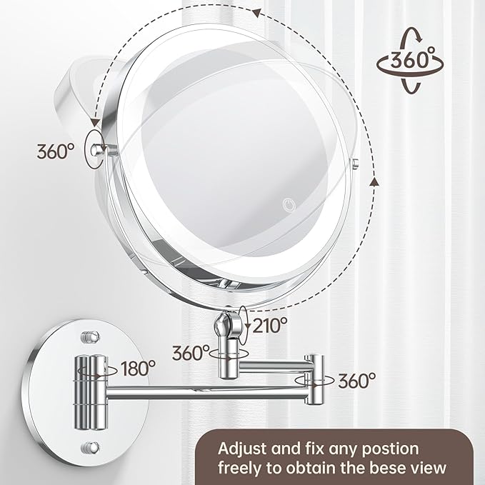 9" Wall Mounted Makeup Mirror with Lights, 4000mAh Rechargeable 1X/10X Wall Mounted Magnifying Mirror for Bathroom, 3 Color Lighting,Touch Screen Dimming,Extended Arm 360 Rotation Wall Mount Mirror C