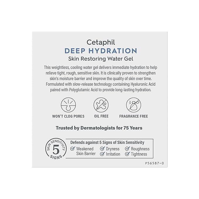 Cetaphil Deep Hydration Skin Restoring Water Gel with Hyaluronic and Polyglutamic Acid, Face Moisturizer, 72 Hour Hydration, For Dry, Dehydrated Sensitive Skin, Fragrance Free, 1.7 oz, Fragrance Free