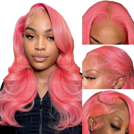 20 Inch Pink Lace Front Wig Human Hair 13x4 HD Lace Pink Body Wave Wig Human Hair Pre Plucked Colored Body Wave Wig Human Hair For Women 150% Density Strawberry Body Wave Lace Front Wig