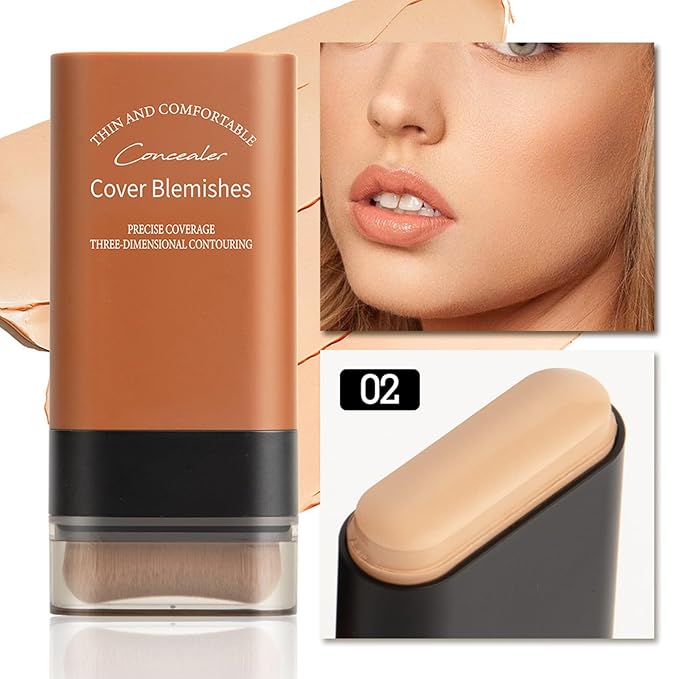 Multi-Use Foundation Stick Makeup, Cream Natural Matte Foundation, Nude Long-Wearing Lightweight Foundation with Built-In Brush, Concealer Covers Blemishes, Hydrates, Highlights and Contours