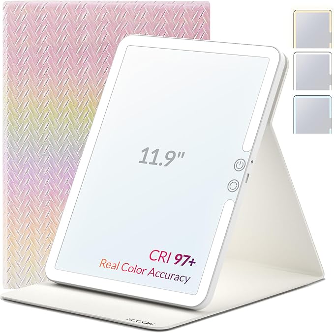 Travel Makeup Mirror with Lights, Portable Lighted Vanity Mirror with 100 LED, Rechargeable, Foldable for Tabletop, 11.9 inches, Rainbow