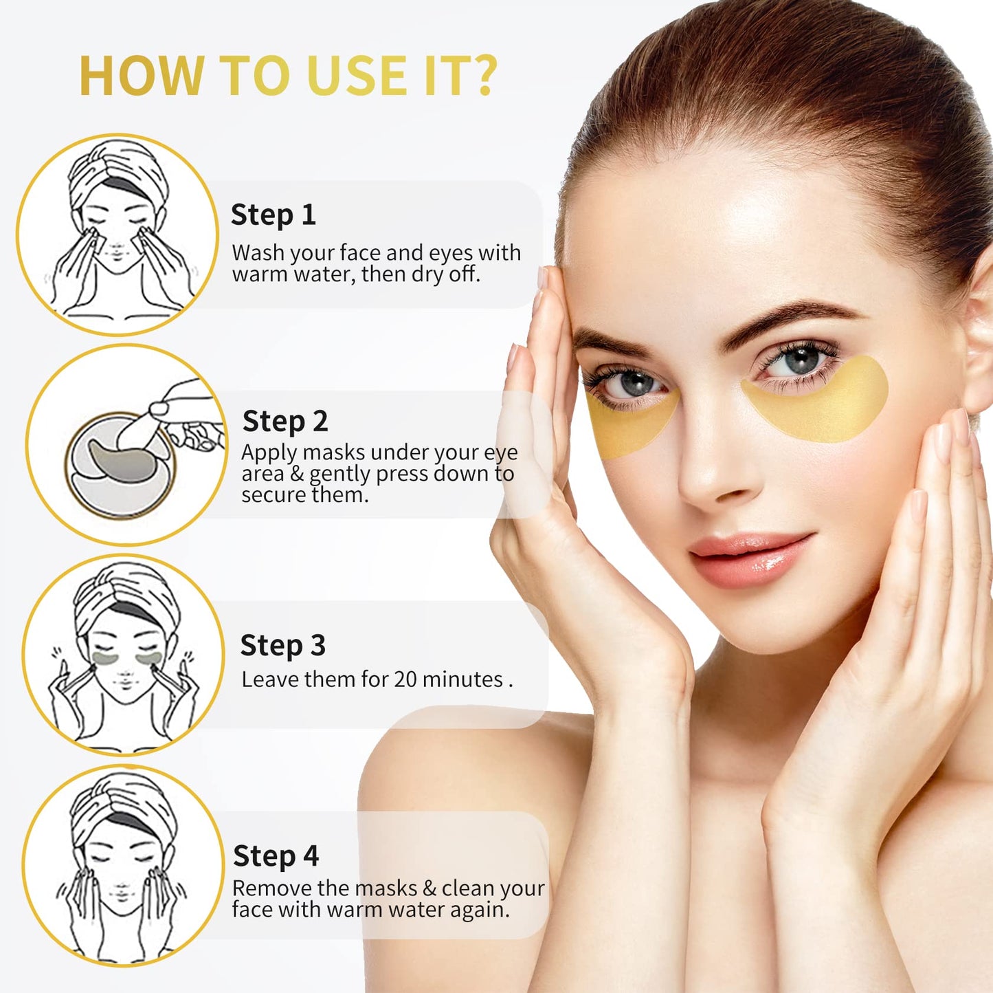 NAZANO 24K Gold Under Eye Patches - 60 Pack for Puffy Eyes, Dark Circles, Bags & Wrinkles with Collagen & Hyaluronic Acid