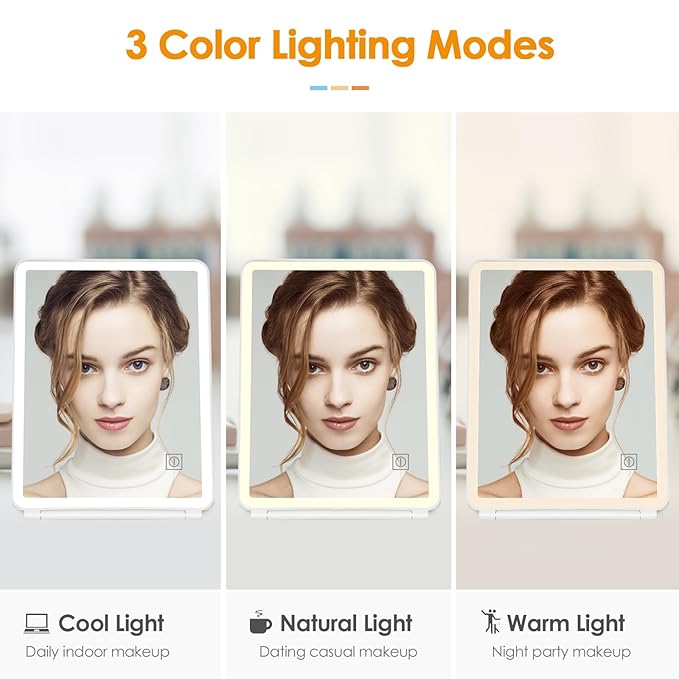 KerMiCi 【Large Size】 Travel Makeup Mirror with Light, Led Folding Vanity Mirror Portable USB Rechargeable Mirror 3 Color Lighting Touch Screen Brightness Thin Compact Vanity Mirror Dimmable Mirror