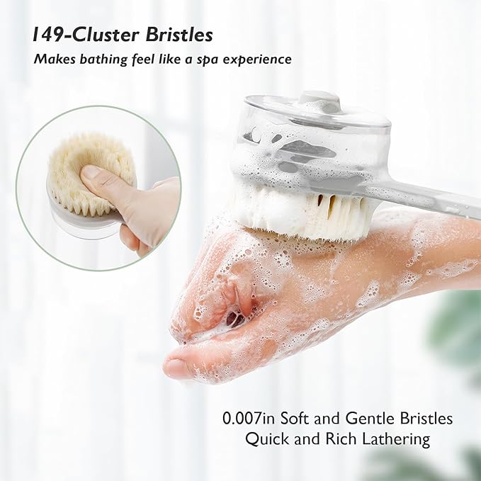 Bath Body Brush with Built-in Soap Dispenser - Exfoliating and Cleansing Shower Brush, 15 inch Long Handle Back Scrubber, Versatile Silicone Exfoliating Tool (Grey)